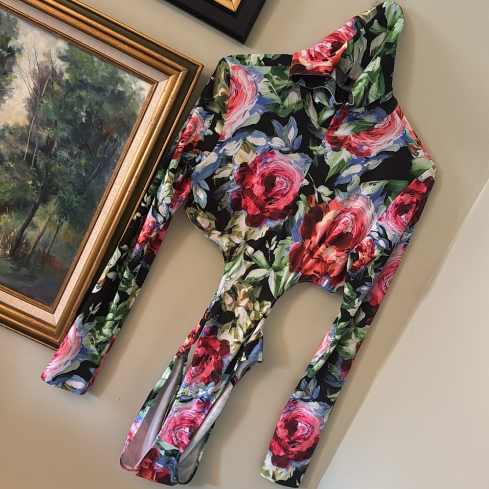 Norma Kamali hooded floral bodysuit suit swim size L Large pink green resort - Picture 1 of 5